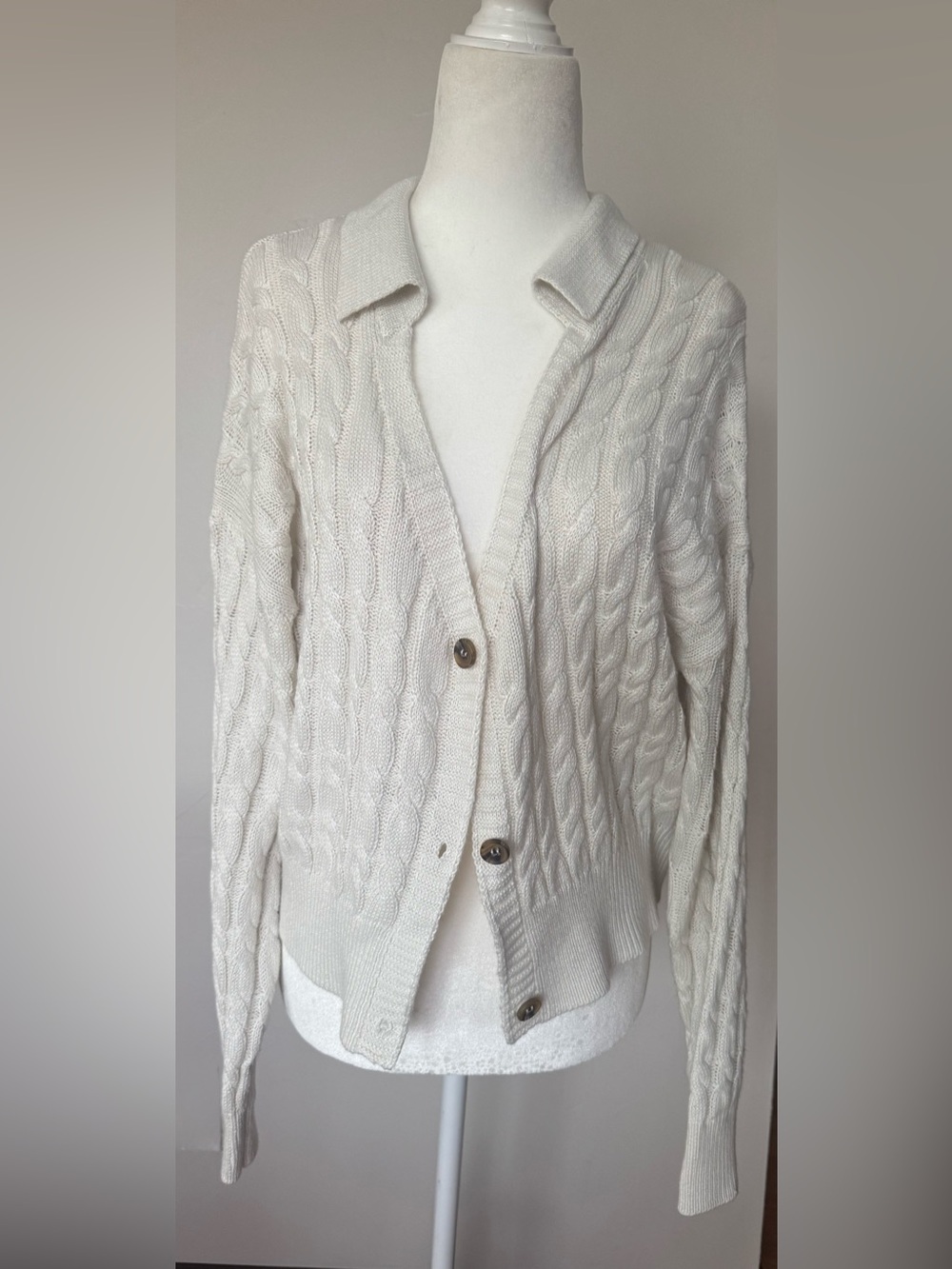 Cream Cable Knit Collared Button-Up Women’s Sweater Cardigan